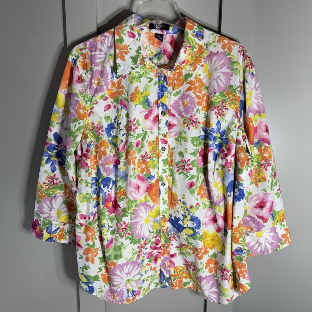 Chaps Pink Floral 2x Shirt Button Down Pink Dainty Boho Office Print Watercolor